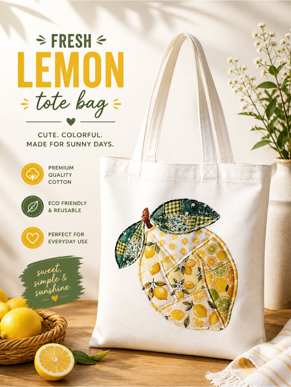 Handmade Canvas Tote Bag with quilt like Lemon Graphic - White